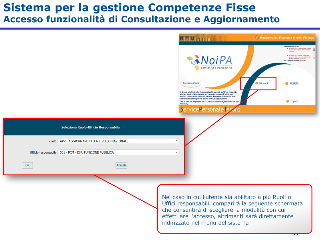 Selezionando la voce «Stipendi», presente nella pagina iniziale del sistema, se si è abilitati a più ruoli o Uffici responsabili, comparirà questa schermata che