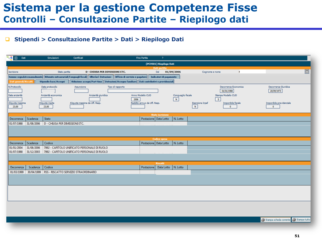 La funzione fornisce una visione d insieme di tutti i dati afferenti ad un dipendente raggruppati per tematica.