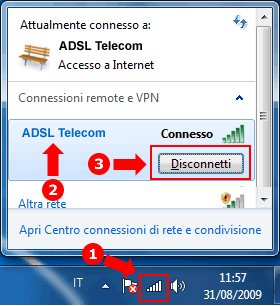 Cliccando sull''icona di Connessioni attive comparirà la connessione ADSL Telecom La procedura di connessione Internet è terminata.