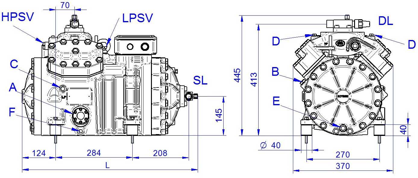 Figura / Figure IV Figura / Figure V A - Spia olio B - Tappo carica olio M12 C - Presa bassa press. 1/8 NPT D - Presa alta press. 1/8 NPT E - Tappo scarica olio F - Resistenza carter P - Press. diff.