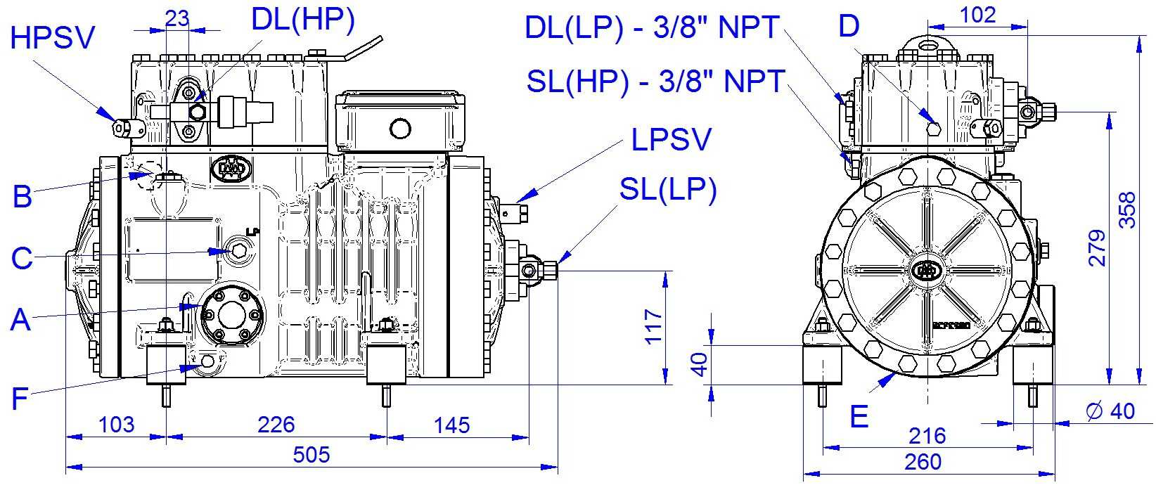 Figura / Figure VI Figura / Figure VII A - Spia olio B - Tappo carica olio M12 C - Presa bassa press. 1/8 NPT D - Presa alta press. 1/8 NPT E - Tappo scarica olio F - Resistenza carter P - Press.