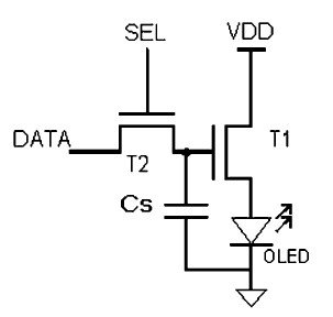 Capitolo 7. I Display 7.3. Possibili schemi circuitali degli AMOLED Figura 7.3: Semplice circuito di controllo a 2-TFT di un pixel da far passare corrente nell OLED.