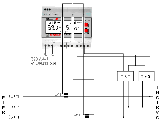 5.4 Schema tipico di collegamento con due TA e due TV FIG 12 - Connessione trifase indiretta tramite due TA e due TV IMPORTANTE: verificare che ai morsetti voltmetrici e amperometrici siano collegate