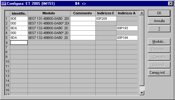 Esempio di progettazione PROFIBUS DP Figura 4-16 Campo di dialogo "Configura" ET 200S 6. Parametrizzazione dei moduli parametrizzabili dell ET 200S.