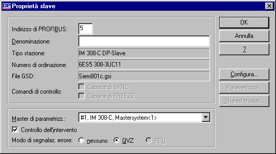 Esempio di progettazione PROFIBUS DP Figura 4-19 Campo di dialogo "Proprietà slave" IM 308-C slave DP 2.