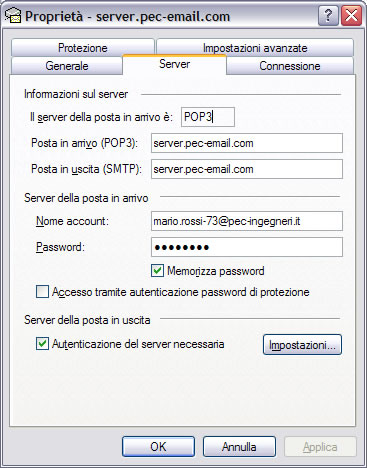 Configura la PEC su Outlook Express 9 Seleziona quindi il tab Server. 1) Nella voce il server di posta in arrivo è: scrivi POP3 2) in Posta in arrivo (POP3) e in Posta in uscita (SMPT) scrivi server.