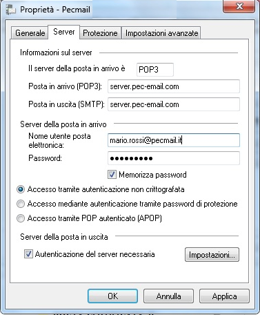 Configura la PEC su Windows Mail