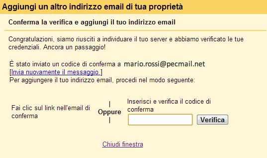 Configura la PEC su Gmail 6 Gmail a quel punto manderà un messaggio con un codice alla mail PEC