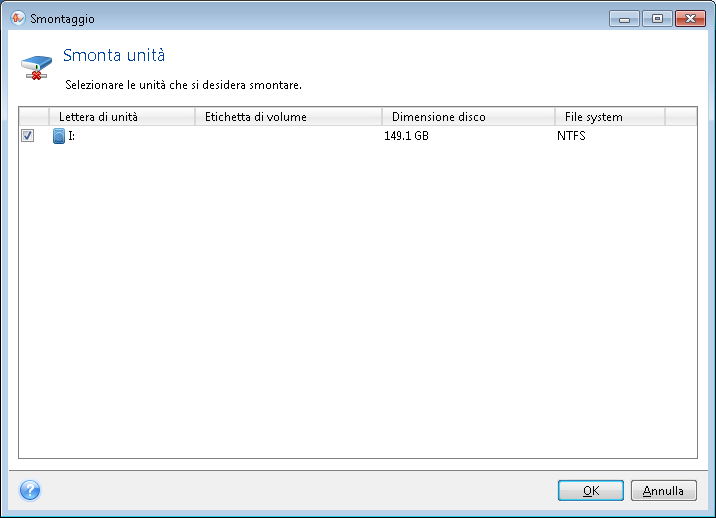 Se sono state montate diverse partizioni, per impostazione predefinita verranno selezionate tutte per lo smontaggio.