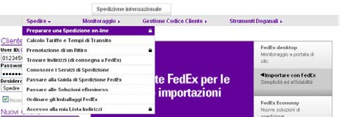 Cliccate sull inserto Spedire in cima alla pagina iniziale fedex. com oppure selezionate Preparare una spedizione on-line nell inserto Spedire per accedere alla pagina principale Spedizione.