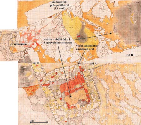 no del muro sud dell edificio. 336 Questo deposito di crollo è ben visibile particolarmente nella sezione B tra il muro A e le mura del cimitero (Fig. 185).