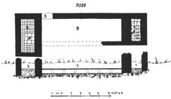 72 73 Fig. 193. La sezione settentrionale lungo il prospetto sud dei muri A (a sinistra) e B (a destra) nei saggi di scavo XIX (a sinistra) e XVIII.