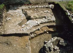 Resti dell intonaco dell edificio A nel saggio XXIV, piano 4, quadranti 1 e 4. (Foto: AONMS). È stata rinvenuta una trave carbonizzata della parete nord di questo edificio, lunga 3,2 m.