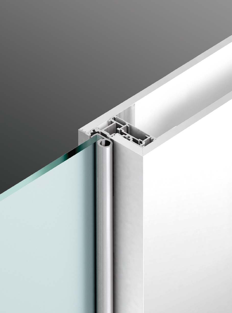 The Henry glass swing door provides a 180 opening, the full-length hinge in anodized aluminium allows to do without