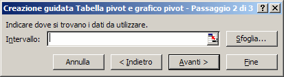 Nella casella Intervallo della seconda schermata si deve indicare l'intervallo di celle contenenti i dati da elaborare comprese le intestazioni di riga e di colonna.