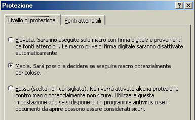 Media: L utente viene avvisato dell impossibilità di convalidare l autenticazione e viene richiesta l attivazione o la disattivazione delle macro.