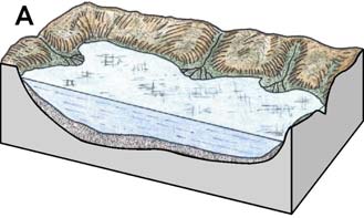 Nella porzione a valle del bacino, fin presso la foce, avviene la sedimentazione dei detriti. Questo scenario descrive un bacino imbrifero nello stadio di giovinezza (1 e 2 in fig. 1.
