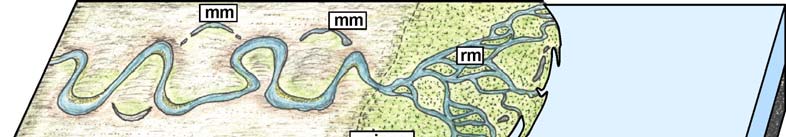 trasporto solido. Si giunge alla situazione in cui il fiume principale ha pendenza uniforme per tutto il suo corso e vi è equilibrio tra erosione e sedimentazione (stadio di vecchiaia; 4 e 5 in fig.