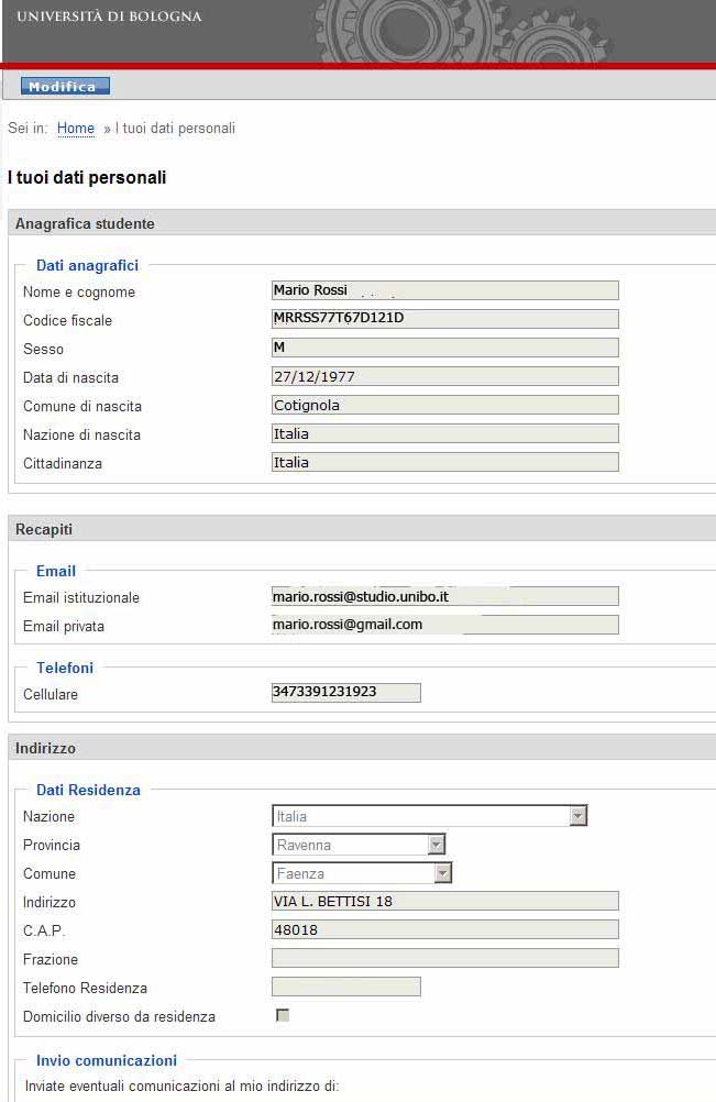 Cliccando su, puoi accedere alla pagina di dettaglio dei tuoi dati anagrafici, di residenza e di domicilio.