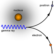 Il fotone, soggetto al campo elettrico generato dai nuclei atomici del mezzo, si trasforma in una coppia elettrone positrone, ciascuna particella con massa a riposo di 0.511 MeV.