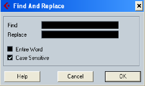 Appendice C La funzione Find and Replace Se sono state inserite delle parole che volete sostituire con altre potete utilizzare la funzione Scores/Functions/Find and Replace.