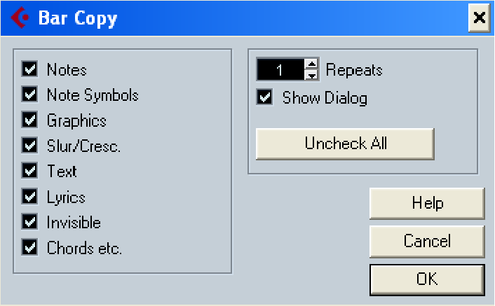 Lo Score Editor Rilasciando il mouse compare la finestra seguente, nella quale si può scegliere, attivando o meno le caselle nel riquadro di sinistra, cosa copiare o non copiare, e scegliere quante