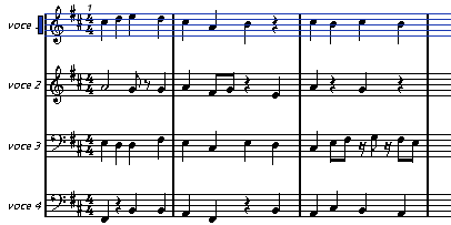 Effettuare la riduzione di una partitura Consideriamo ancora l esempio di prima con 4 righi monofonici: se si vuole effettuare una riduzione di tali parti (cioè si desiderasse condensare le quattro