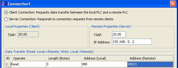 Esempio: Lettura di tutti i DI del server ed utilizzo del DI6 nel programma Vediamo ora come fare in modo che il Client legga i 24 DI del server e li salvi nei primi tre byte dell area V locale.