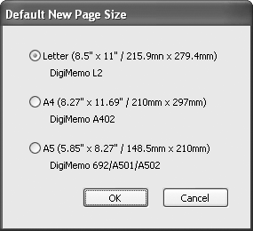 Per effettuare l impostazione, fare clic su Page Setup (Configurazione pagina) nel menu File. Si apre la finestra di dialogo Default New Page Size (Dimensioni predefinite nuova pagina).