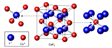 Ma, poiché il rapporto ionico e 1:2, ogni ione F - sarà circondato da 4 ioni Ca 2+ disposti ai vertici di un tetraedro Nel Cloruro