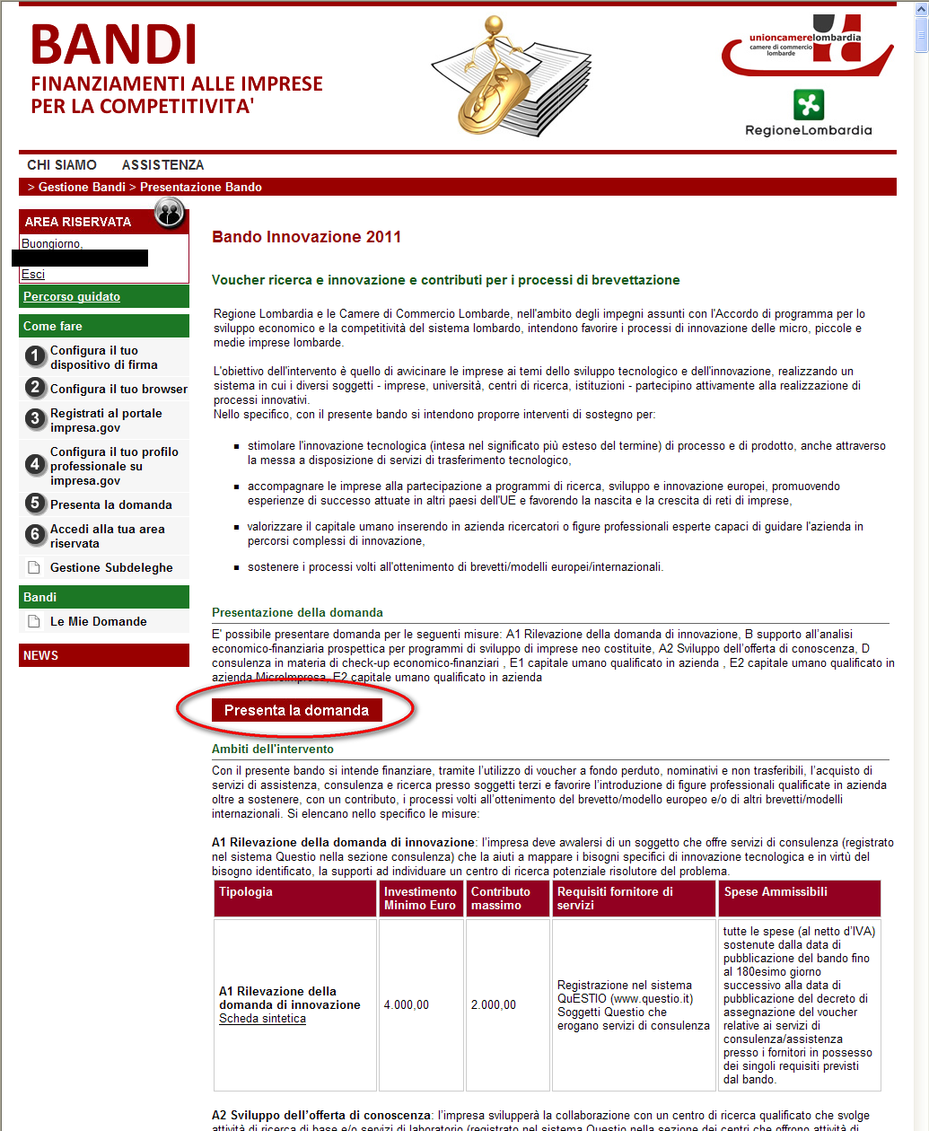 Presenta la domanda cliccando