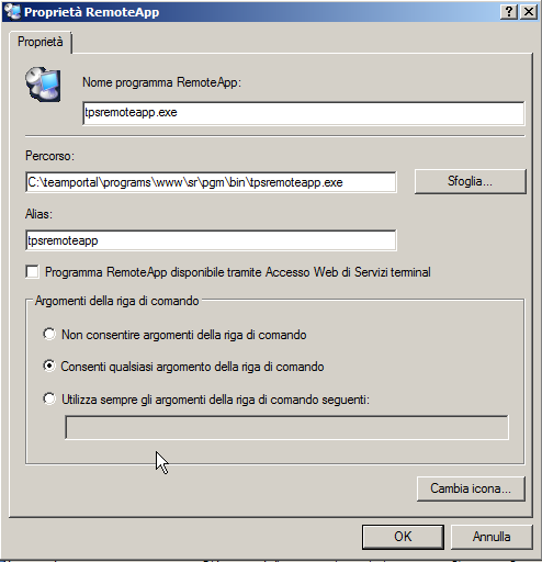 Configurazione RemoteApp di Servizi Terminal su Windows Server 2008 per abilitare la modalità seamless 6) Nella sezione denominata Argomenti della riga di comando selezionare l opzione: Consenti