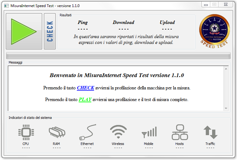 4. L'interfaccia utente e la preparazione di PC e rete locale 4.1 L'interfaccia L'utente, cliccando sull'icona MisuraInternet Speed Test potrà accedere all interfaccia grafica del programma.