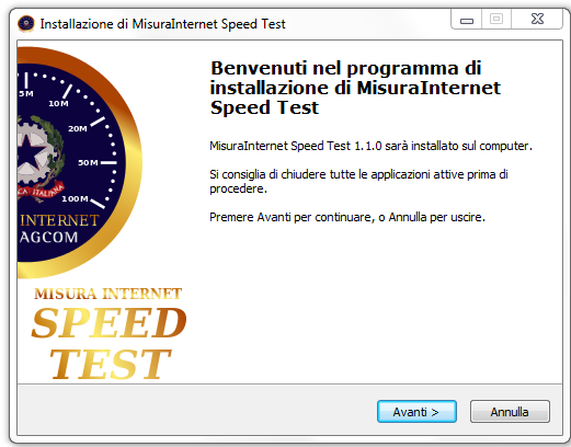 3. Installazione di MisuraInternet Speed Test Cliccando sull icona dell eseguibile si dà inizio alla procedura che porterà all'installazione del software MisuraInternet Speed Test sul PC dell utente.