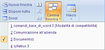 Modulo 3 - Nuova ECDL G. Pettarin Word processing Cambia finestra Il segno di spunta ( ) a fianco del nome di un documento indica che è il testo visualizzato (attivo) in quel momento.