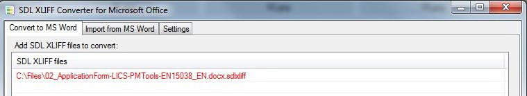 Immagine 14: Registro Settings dell'sdl XLIFF Converter for Microsoft Word Viene inoltre indicato in verde il percorso e il nome del file: Immagine 15: File convertiti correttamente vengono