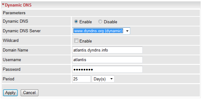 4.1: Configurazione del client su A02-RAU244-W300N o A02-RAU341 Una volta registrato il dominio DynDns, è possibile associarlo al Router tramite il client integrato come da procedura indicata di