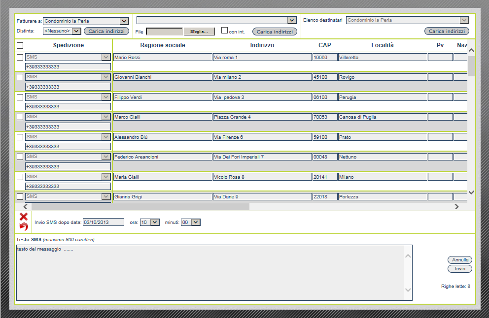Creazione Spedizione : Sms Selezionare a chi intestare la fattura. Il sistema proporrà La Vostra ragione sociale ma potrete scegliere una diversa intestazione tra gli elenchi destinatari.