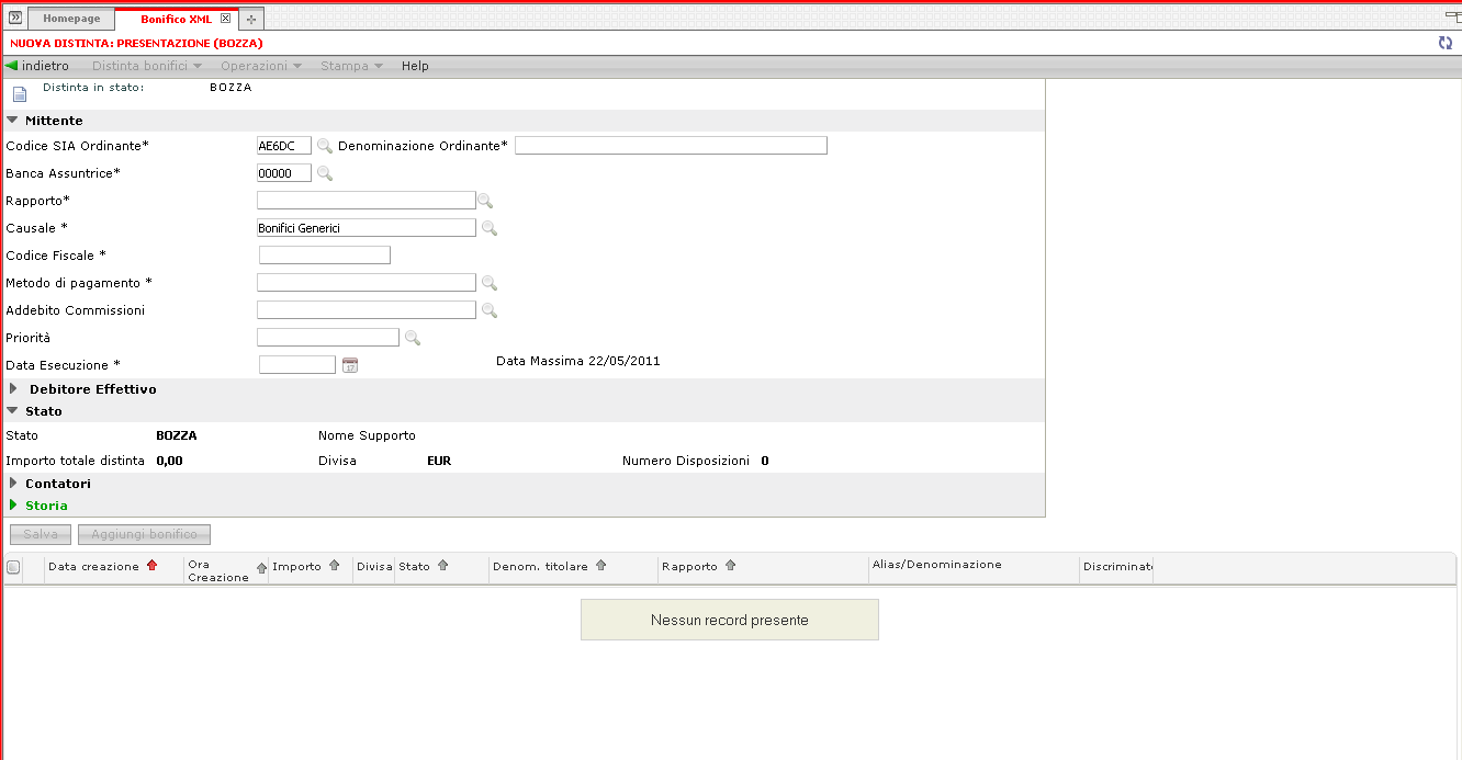 10.2.5 Nuova distinta bonifici XML Sepa Descrizione: Tale pagina consente di creare ed inoltrare una nuova disposizione di bonifico xml.