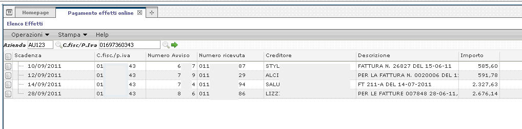 10.9. PAGAMENTO EFFETTI ON-LINE 10.9.1 Descrizione processo di pagamento on-line Descrizione: Tale pagina consente di effettuare il pagamento on-line delle Riba Passive domiciliate sulla Banca Attiva.