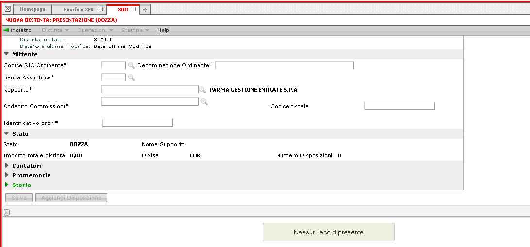 Frame inferiore All interno del frame inferiore sono elencati tutti i SDD inseriti dall utenza all interno della distinta, comprensivi dei seguenti dati: Creazione, data Discriminatore Divisa Importo