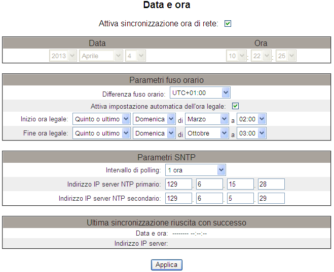 3.7. Impostazione data e ora Dal menù Configurazione di EGX300 accedere alla voce Data e ora.