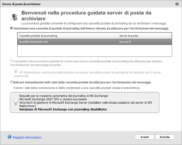 Schermata 61: Scegliere il modo in cui la procedura guidata configurerà GFI MailArchiver per l utilizzo di una cassetta postale di journaling. 3.