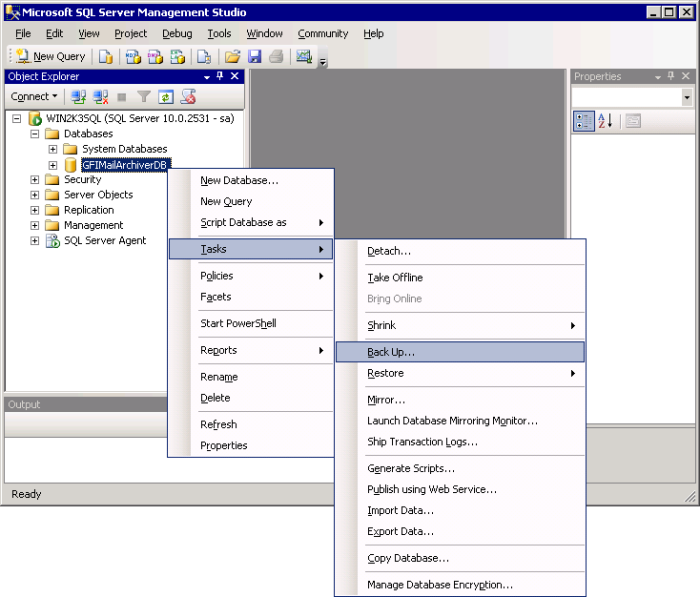 Schermata 76: Backup di un database SQL 6. Da Microsoft SQL Server, avviare il gestore server di Microsoft SQL Server ed eseguire il backup dei database dell archivio del passaggio 2.