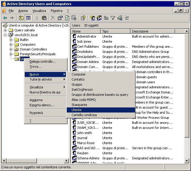 Schermata 2: Aggiungere un nuovo utente in Microsoft Exchange Server 2003 2.