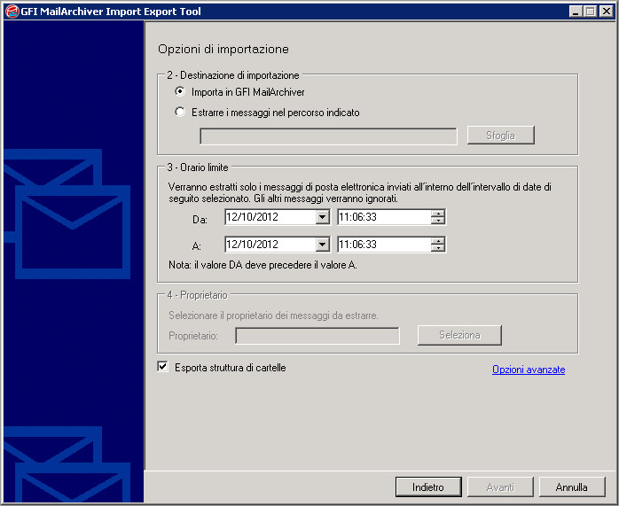 Schermata 96: Importazione da Microsoft Exchange: Configurazione opzioni di importazione 5.