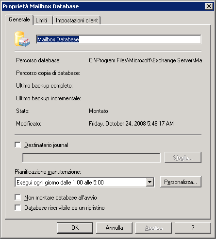 Schermata 11: Proprietà del database di cassette postali 3.