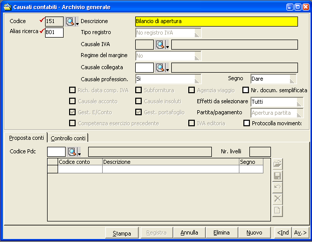 5 Eseguire un controllo delle causali contabili da utilizzare per le registrazioni contabili di apertura (causale 151