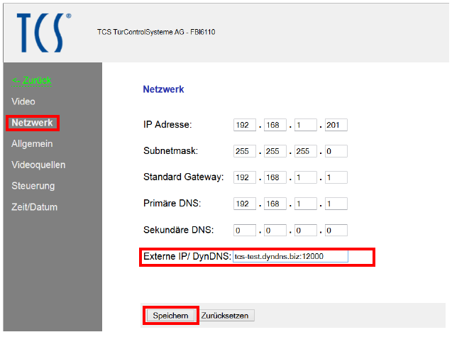 9 17. Andare ora nel sottomenu Impostazioni di rete e inserire nel campo IP esterno/ DYN DNS il vostro indirizzo DYN DNS o