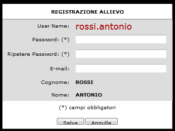 Registrazione allievo - Permette agli allievi già presenti in anagrafica di registrarsi per